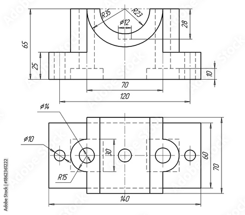 Sketch of steel mechanical
part with through holes and dimensional lines.
Background with engineering cad scheme.
Technical pencil hand drawn drawing
on white paper sheet. Technology design.