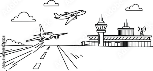 Airplanes taking off and flying over airport terminal building
