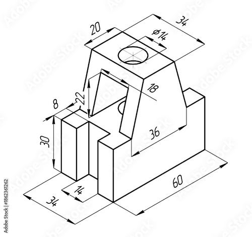 Sketch of steel mechanical
part with through holes and dimensional lines.
Background with engineering cad scheme.
Technical pencil hand drawn drawing
on white paper sheet. 3d model technology design.
