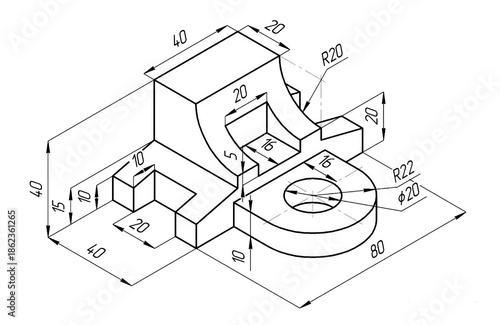 Sketch of steel mechanical
part with through holes and dimensional lines.
Background with engineering cad scheme.
Technical pencil hand drawn drawing
on white paper sheet. 3d model technology design.