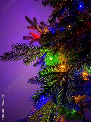looking up into a christmas tree lit up
