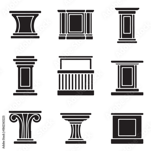 Ancient Greek and Roman Columns Black Vector Illustration
