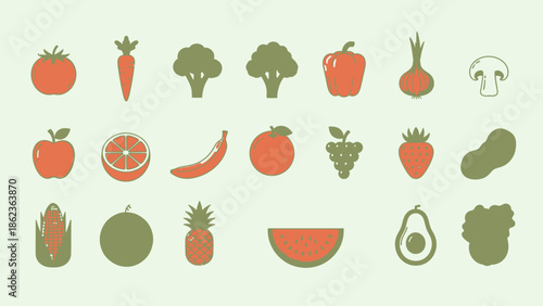 Healthy Food Icons: Fresh Fruits and Vegetables Collection
