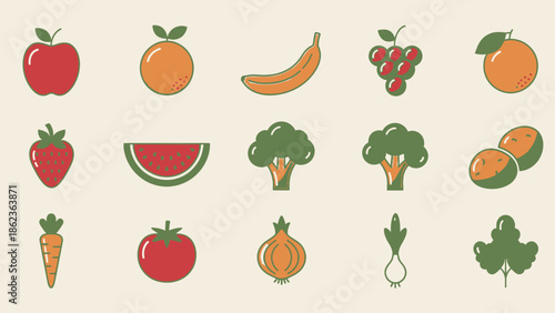Healthy Food Icons: Fruits and Vegetables Collection - Fresh Produce Flat Design