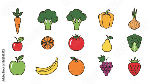 Healthy Food Icons: Fresh Fruits and Vegetables Collection