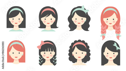 Cute Girls with Different Hairstyles Graphic Illustration Cartoonish Characters