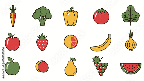 Healthy Food Icons: Fruits and Vegetables Collection, Flat Design