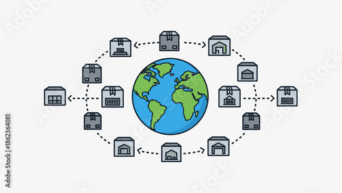 Global Supply Chain Network: Earth with Warehouses and Shipping Boxes