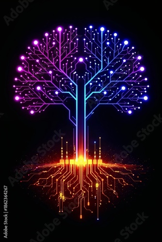 Neon tree with bright branches and roots resembling electronic circuits. Symbol of unity between nature and technology, digital growth, energy, and light.