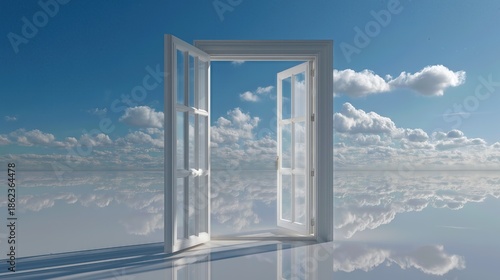 Open white door revealing a surreal view of blue sky and clouds.