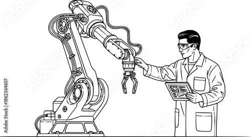 Robotics engineer man testing industrial automation robot arm vector icon
