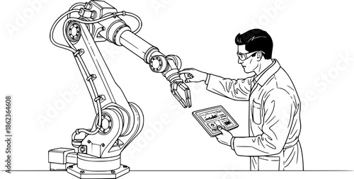 Robotics engineer man testing industrial automation robot arm vector icon
