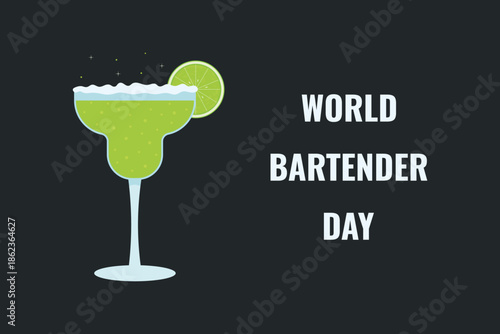 World Bartender Day. Vector banner with a Margartia cocktail. Сocktail glass with lime.