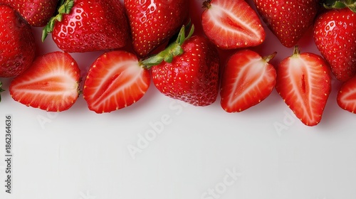 Fresh strawberries with halves arranged on white background.