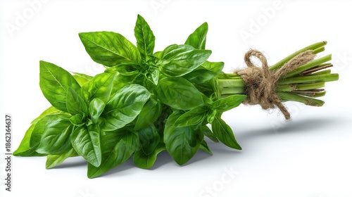 Fresh basil leaves tied with twine on white background.