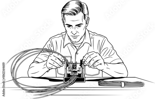 Fiber optic technician man splicing high speed internet cables vector icon
