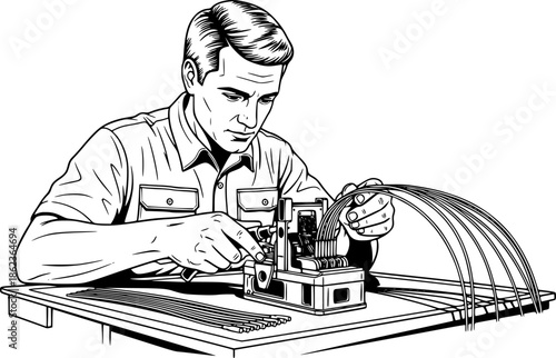 Fiber optic technician man splicing high speed internet cables vector icon
