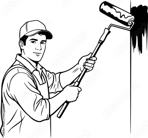 House painter man with roller renovating wall vector icon

