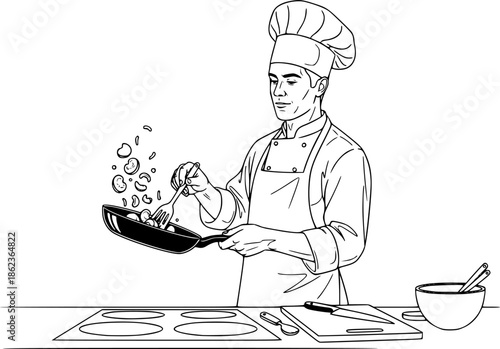 Chef man cooking food in pan restaurant kitchen vector icon