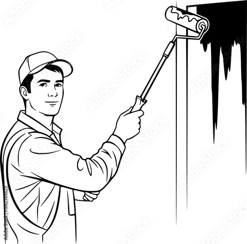 House painter man with roller renovating wall vector icon
