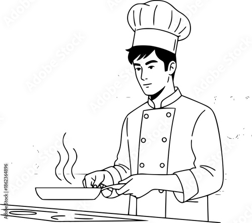 Chef man cooking food in pan restaurant kitchen vector icon