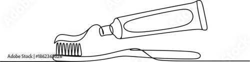 Continuous one line drawing of toothbrush and toothpaste, one line Art icon drawing