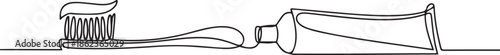Continuous one line drawing of toothbrush and toothpaste, one line Art icon drawing