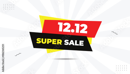 12.12 super sale editable eps format banner template design with black red yellow shapes with bold font white gray gradient background