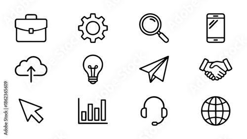 A comprehensive collection of twelve modern black outline business and communication icons is presented illustrating various digital concepts and operations on transparent background.