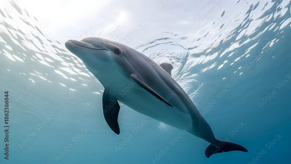 Naklejka premium Dolphin swimming underwater with sunlight filtering through ocean surface