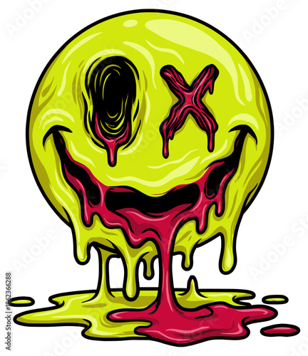 Melting Acid Smiley Face with Dripping Blood and Distorted Features