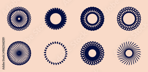 A collection of eight distinct circular patterns, each featuring symmetrica