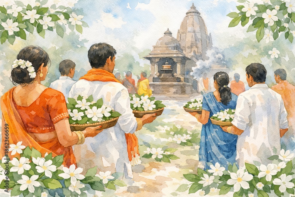 Obraz premium Indian family celebrating maha shivaratri with offerings, flowers, and devotion in front of shiva temple, watercolor illustration, concept of hindu festival and spiritual worship