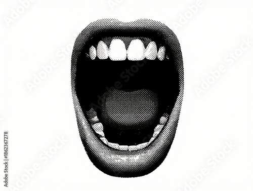 Open Mouth CloseUp Black and White Dental Health Illustration
