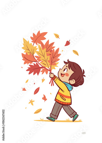 boy with autumn leaves