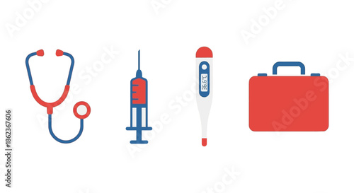 Medical tools and equipment displayed on a plain white background