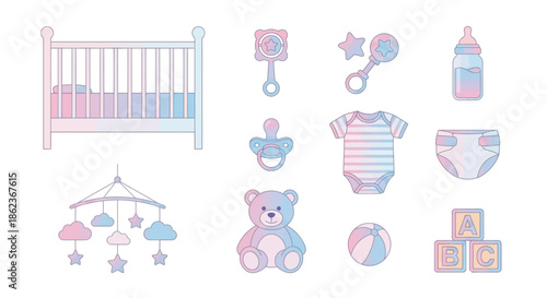 A collection of baby items including a crib, toys, and clothing are arranged neatly on a clean background, viewed from directly above.
