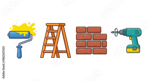 A collection of construction tools and materials including a paint roller, ladder, bricks, and drill on a white background.