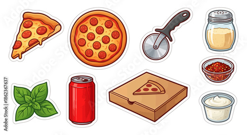 Assorted pizza ingredients and cooking essentials displayed on a clean white background