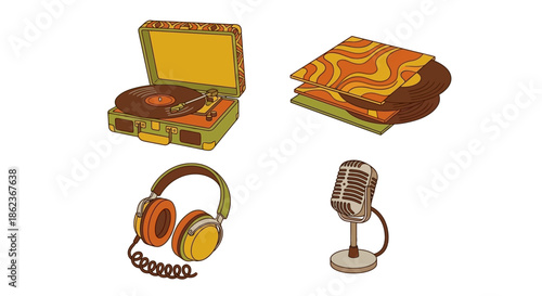 A collection of music-related items including a record player, vinyl records, headphones, and a microphone on a clean white background