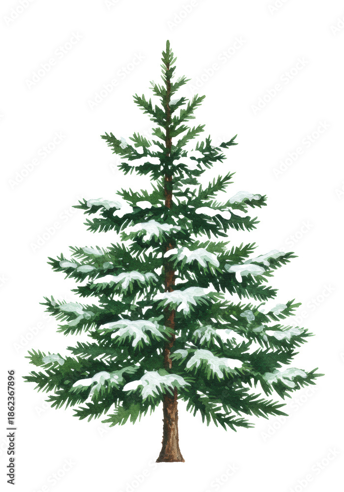Obraz premium lush, detailed watercolor spruce tree illustration in deep forest green, snow-dusted, centered on transparent background with ample copy space. concept of elegant holiday design