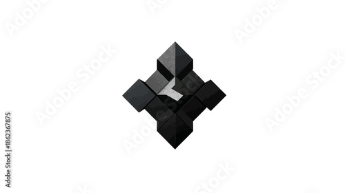 Abstract black geometric cubic structure forming a stylized star or diamond shape on a clean white background. Modern 3D design.