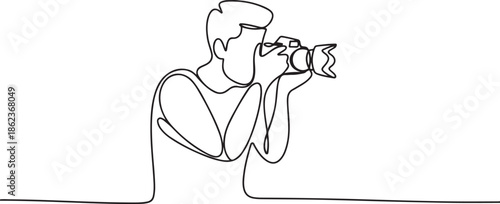 one continuous line of photographer.single line of man with camera taking picture. one line Art icon drawing