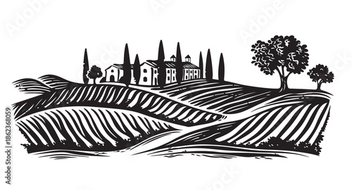 Vineyard Landscape. Vintage wine Label Background. Hand drawn illustration.	
