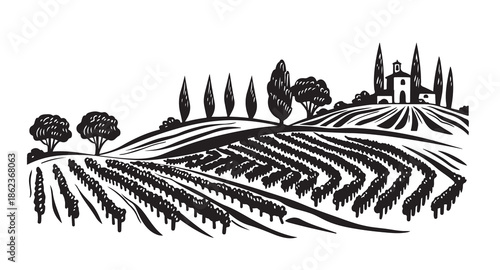 Vineyard Landscape. Vintage wine Label Background. Hand drawn illustration.	
