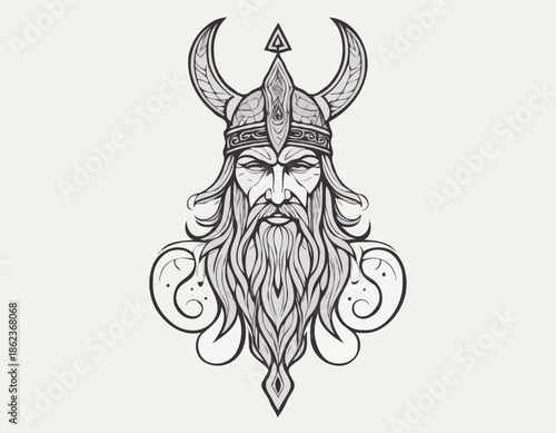 odin nordic deity mythology in modern tribal tattoo, abstract line art of deity, minimalist contour. Vector