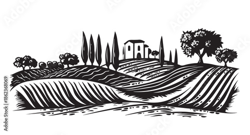 Vineyard Landscape. Vintage wine Label Background. Hand drawn illustration.	
