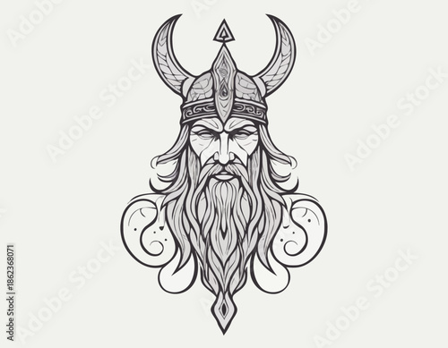 odin nordic deity mythology in modern tribal tattoo, abstract line art of deity, minimalist contour. Vector