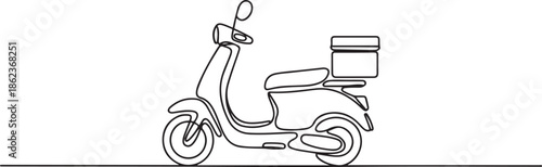 Continuous line drawing of a delivery scooter with a cargo box on the back, one line Art icon drawing