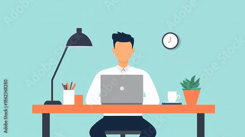 Minimalist flat illustration of a professional man working on a laptop at a modern home desk, with office supplies, lamp, clock, and plant, remote work